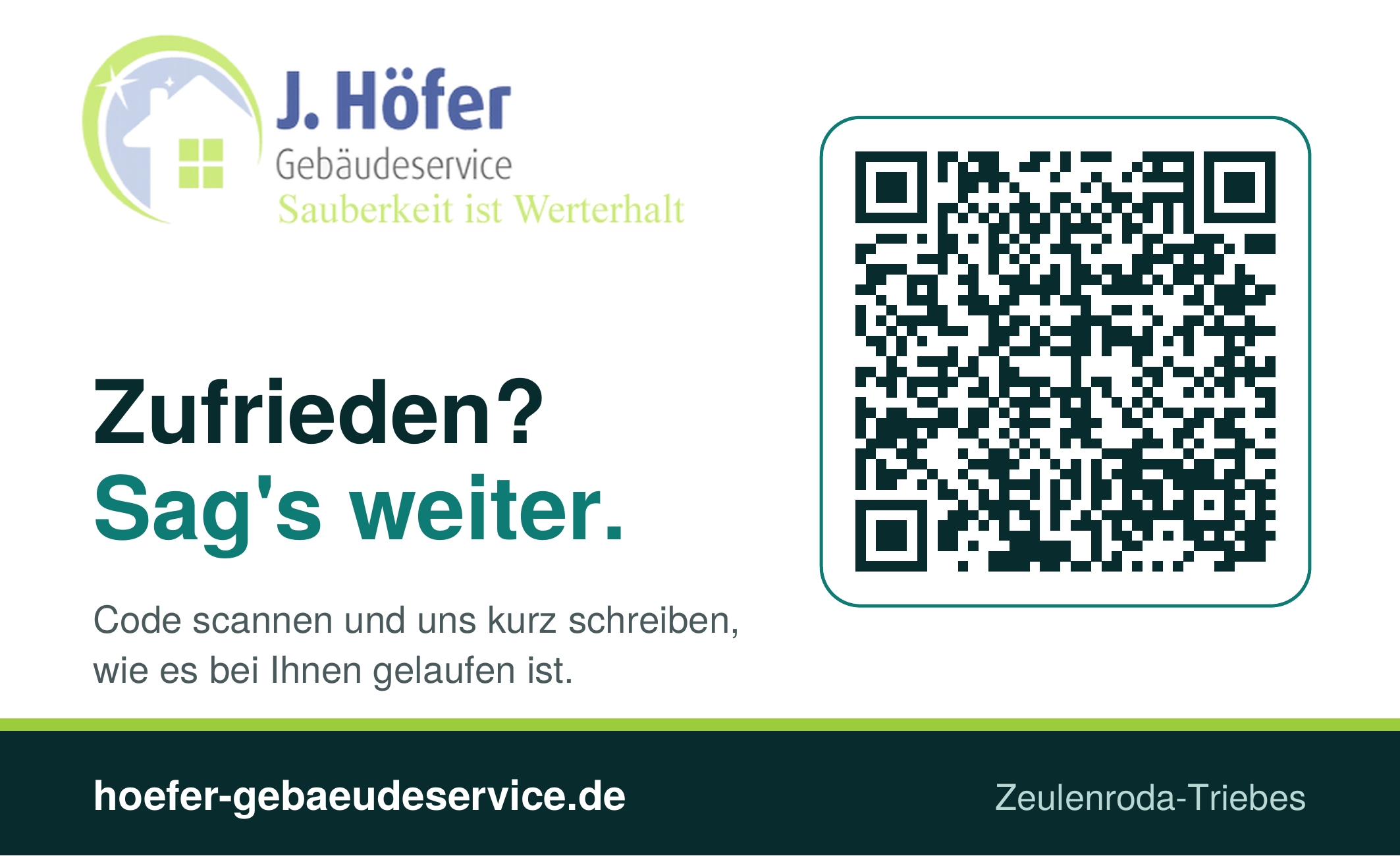 Bewertungskarte von J. Höfer Gebäudeservice mit QR-Code zum Bewertungsformular